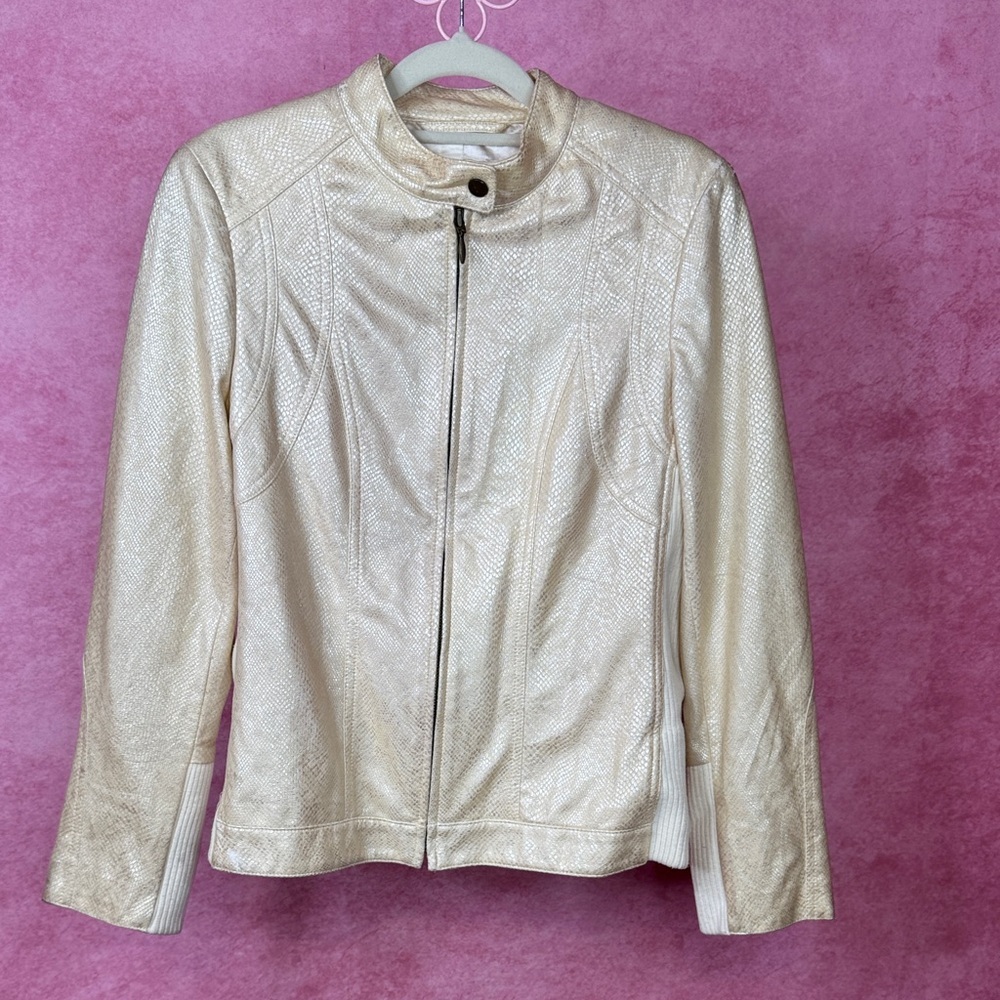 156. Chico’s Gold Faux Leather Moto Jacket Size 1